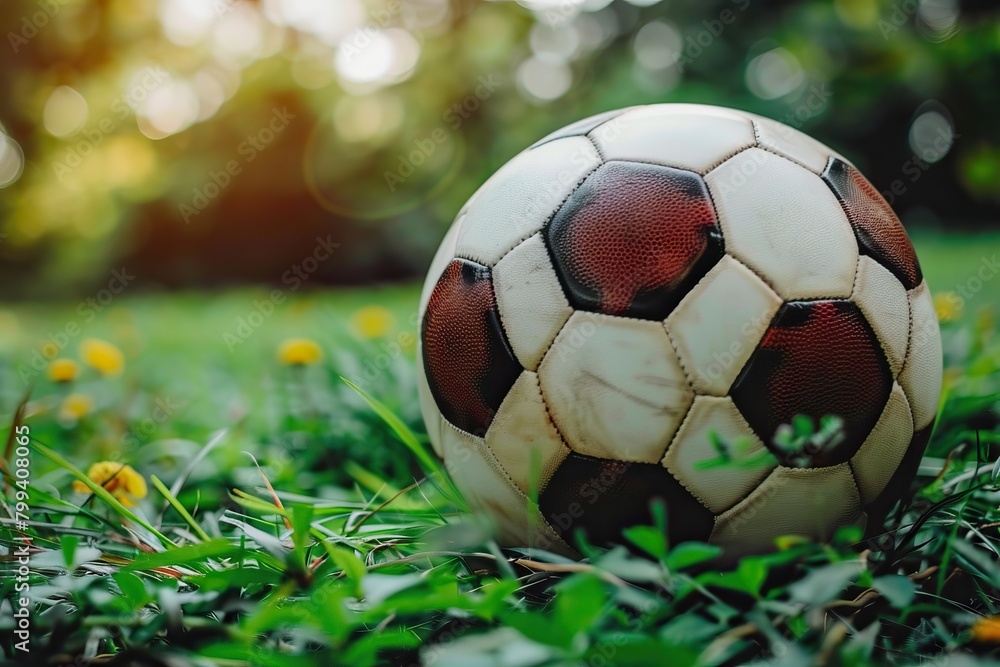 Fototapeta premium This image shows a retro styled deflated soccer ball laying on green grass with yellow flowers and a blurred background of trees and sky. The ball is old and has brown patches