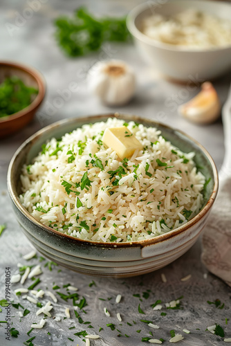 A bowl of jasmine rice with butter, parsley, and fines herbes on a table