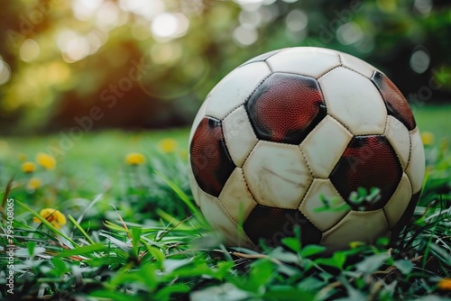 This image shows a retro styled deflated soccer ball laying on green grass with yellow flowers and a blurred background of trees and sky. The ball is old and has brown patches