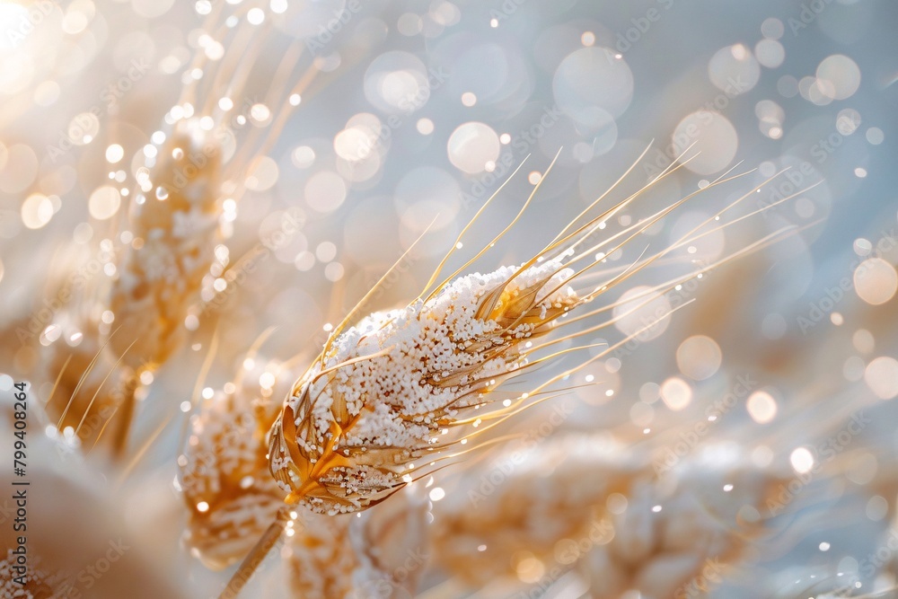 Naklejka premium Close-up of golden wheat ears dusted with sparkling frost, gleaming under a soft, glowing light with a bokeh background.
