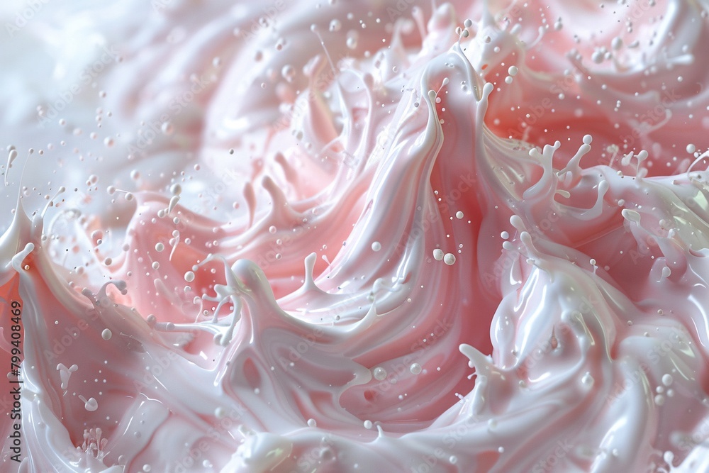 This image depicts swirling patterns of pink and white milk splashes, creating a fluid, dynamic, and artistic expression. This image depicts swirling patterns of pink and white milk splashes, creating a fluid, dynamic, and artistic expression.