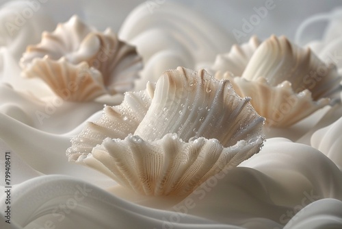 A close-up of delicate, creamy white meringue cookies with elegant, ruffled surfaces, adorned with tiny beads of moisture.