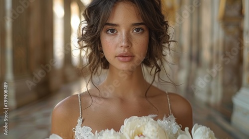 Woman in Wedding Dress Holding Bouquet of Flowers