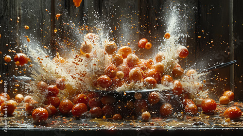 A large bowl of oranges on a table is releasing a bunch of oranges into the air