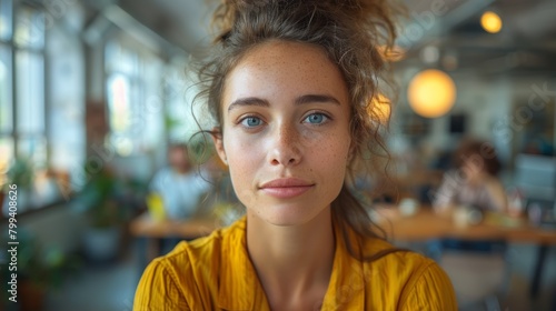 Woman in Yellow Shirt Looking at Camera