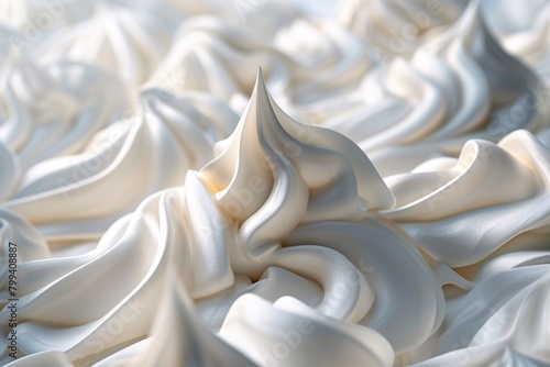 A close-up view of a textured, creamy white material with smooth, swirling peaks and folds resembling soft fabric or whipped cream.