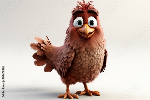 A cheerful cartoon bird with a bright smile, reddish brown color, tuft of feathers on head, standing upright. Perfect for childrens books, illustrations, animations