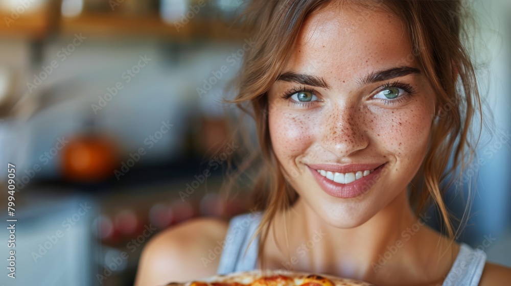 Young Woman Holding Slice of Pizza Young Woman Holding Slice of Pizza