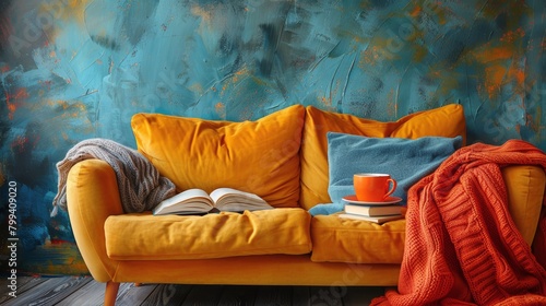 Couch With Blanket and Book