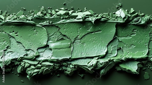  A tight shot of green paint with water droplets atop and below