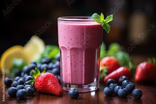 A tall glass of fresh and healthy strawberry and blueberry smoothie topped with mint. Vibrant pink color. Served on a rustic wooden table with scattered berries and a mint garnish