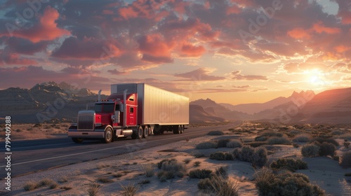 semi-truck driving on desert highway photo