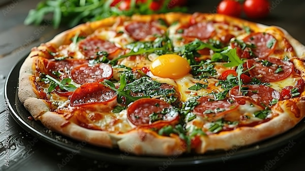 A pepperoni, spinach, and egg pizza on a black plate with tomatoes and greens A pepperoni, spinach, and egg pizza on a black plate with tomatoes and greens