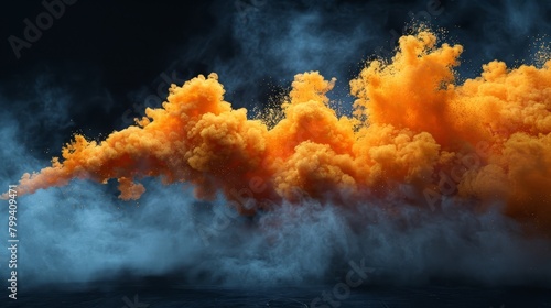  A dark blue sky backs an orange cloud of smoke, hovering above a body of water