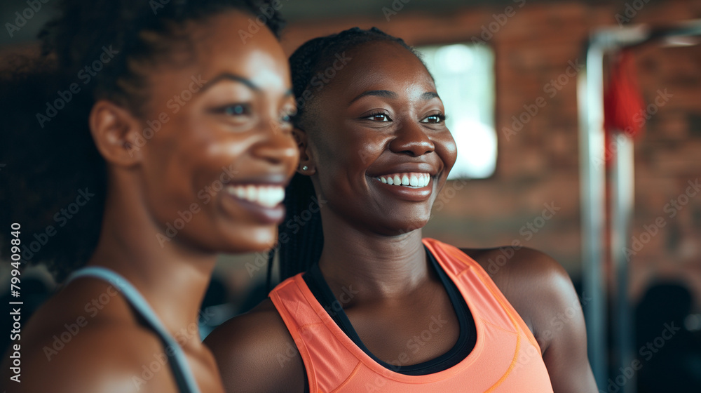 Happy black woman warming up with her female friend during sports training in gym.