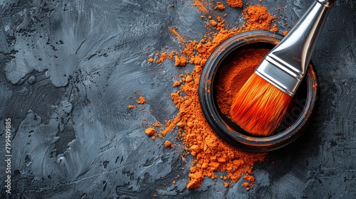  A tight shot of a brush dipped in a bowl, orange powder visible at its rim, against a gray background