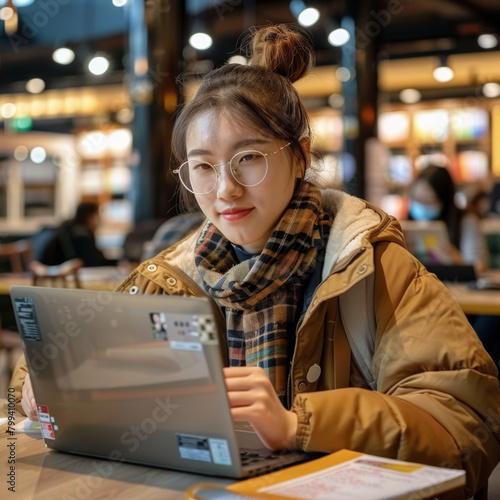 Woman Sitting at Table Using Laptop Computer