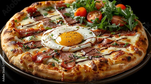   A pizza with cheese and vegetables sits atop a pan  and an egg rests on top