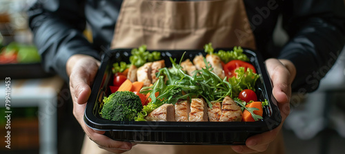 Man holding plastic black container box with healthy fitness food including white meat, fresh green salad and vegetables photo