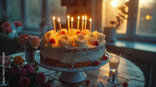 Birthday Cake With White Frosting and Lit Candles