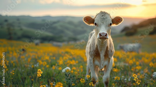 Cow Standing in Field of Yellow Flowers