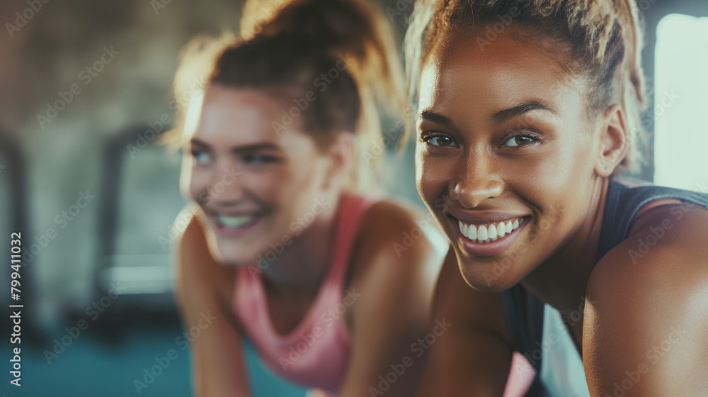 Happy woman warming up with her female friend during sports training in gym. Happy woman warming up with her female friend during sports training in gym.