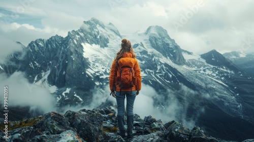 Woman Sitting on Top of a Mountain With a Backpack