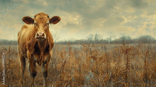 Cow Standing in a Field of Tall Grass