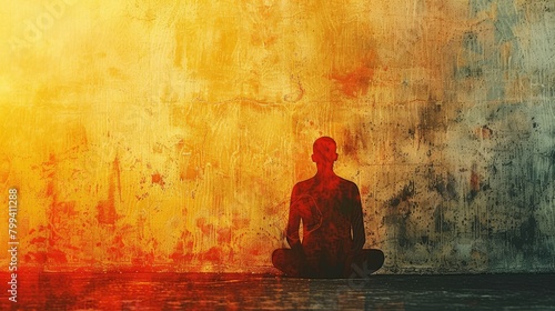  A person in lotus position before a yellow-red wall with black outline
