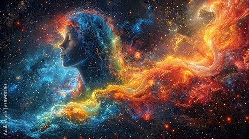  Woman's face centered in multi-colored space, surrounded by stars