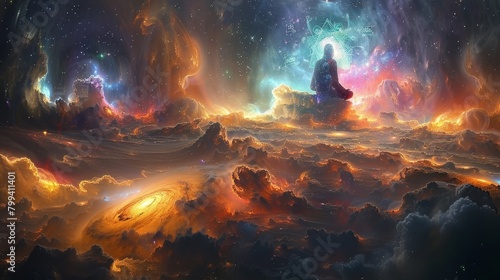  A portrait of an individual seated amidst a vast expanse of clouds, stars, and radiant hues
