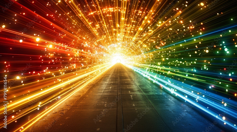   A person walks through a tunnel of lights situated in the middle of a street