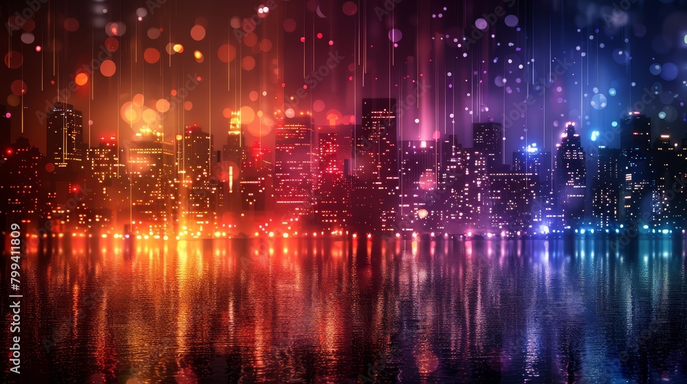  lights mirrored in water, water's surface reflecting urban illumination