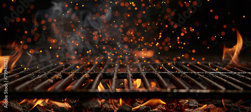 flaming barbecue grill on a black background depicting cooking with sparks and smoke