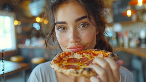 Woman Holding Pizza in Front of Face