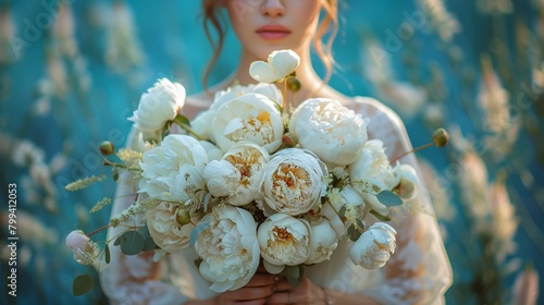Woman in Wedding Dress Holding Bouquet of Flowers