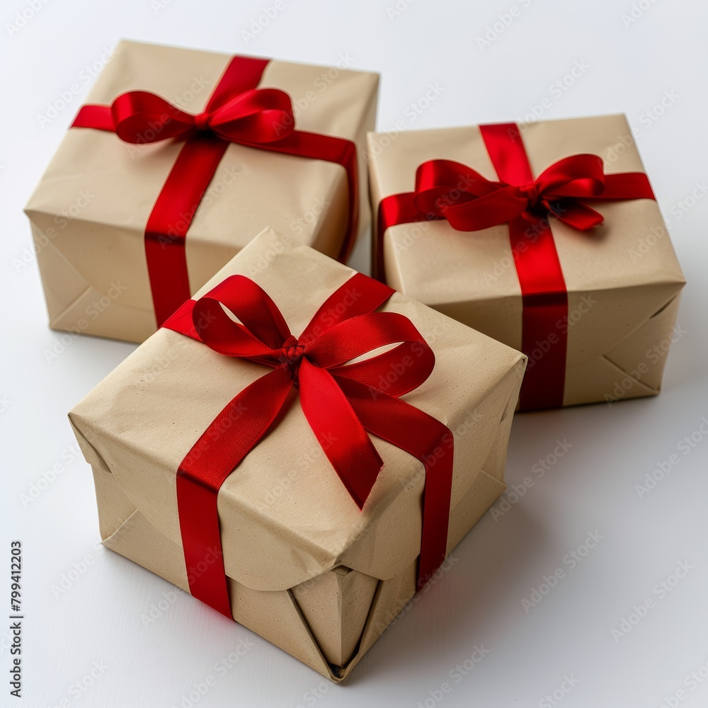 Three Brown Boxes With Red Ribbons Three Brown Boxes With Red Ribbons