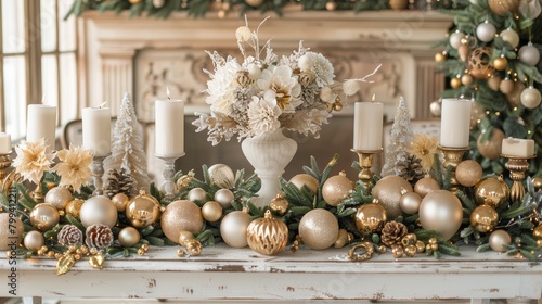 Decorated Mantle With Christmas Decorations and Candles