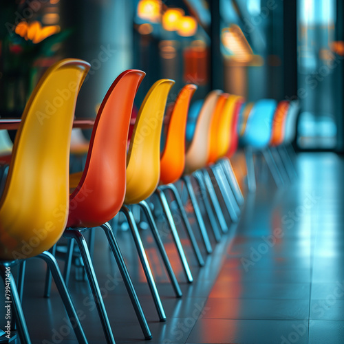 Colorful row of chairs inside a cafe