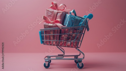 Shopping Cart Filled With Presents on Pink Background