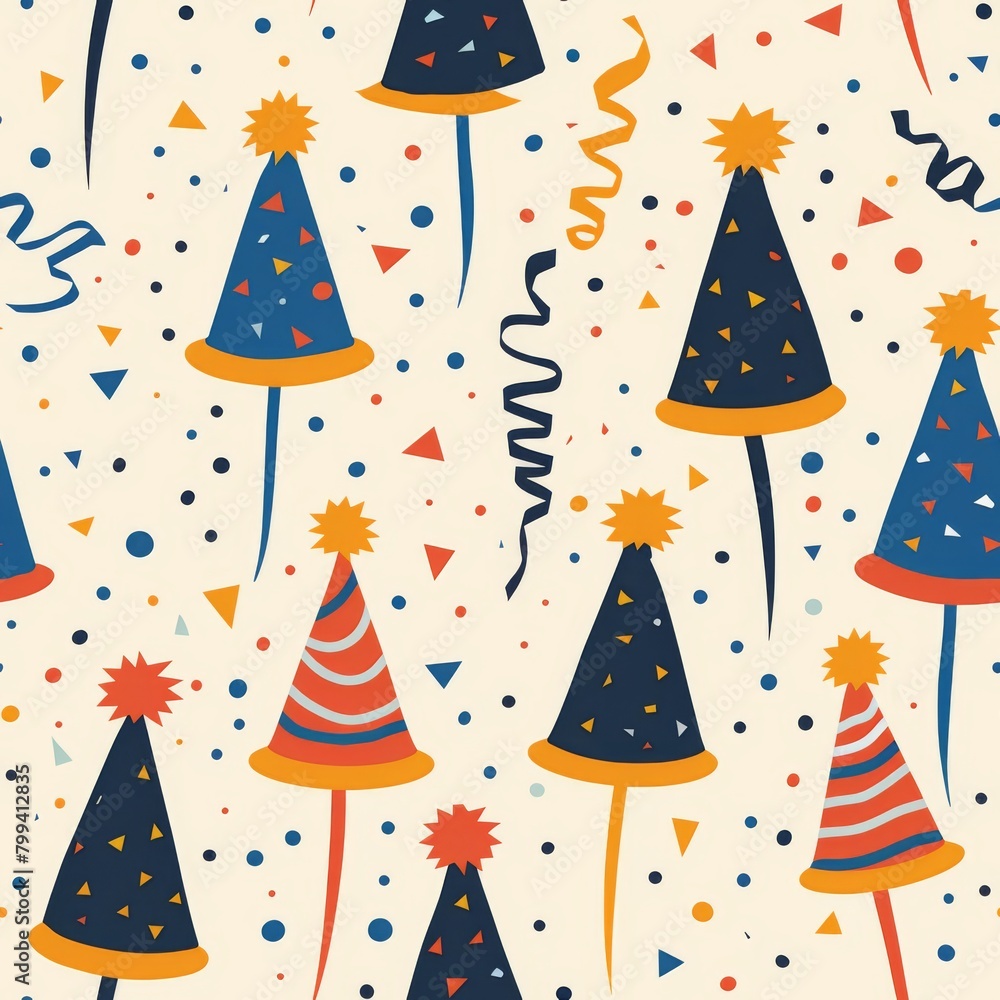 simple seamless New Year themed pattern, colorful party hats and streamers
simple seamless New Year themed pattern, colorful party hats and streamers