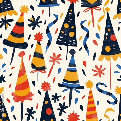 simple seamless New Year themed pattern  colorful party hats and streamers  