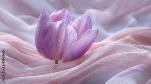   A solitary purple bloom atop a pink fabric coverlet over pink bedding photo