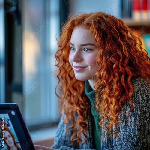 Woman With Red Curly Hair Sitting in Front of Laptop
