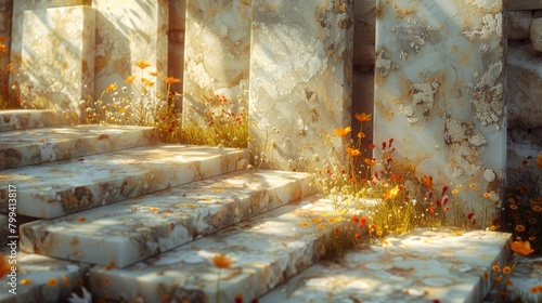   A set of stone stairs ascends to a structure, flowers blooming atop and base