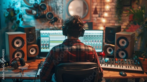 Creative Sound Design Music Producer at Work in Professional Studio Macro Shot with Action Cam