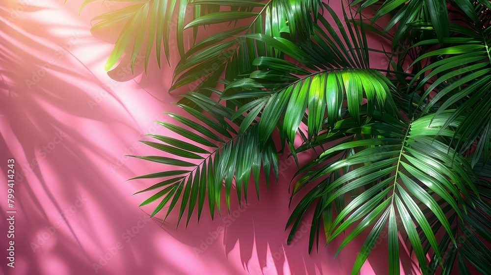   A palm tree's close-up with a pink backdrop and a green foreground plant