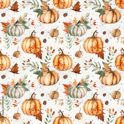 Watercolor Painting of Pumpkins and Leaves