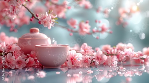  A tea cup and saucer atop a table, next to a branch of blooming pink flowers