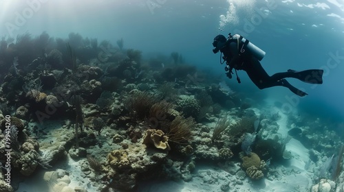 Underwater Explorer Diver's Silhouette Conducting Biodiversity Survey in Vibrant Reef Ecosystem Adventure Exploration and Conservation Concept